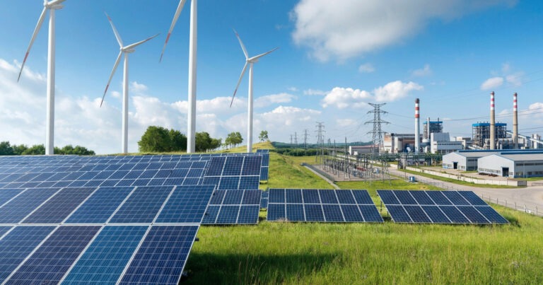 Windräder Solaranlage und eine Fabrik