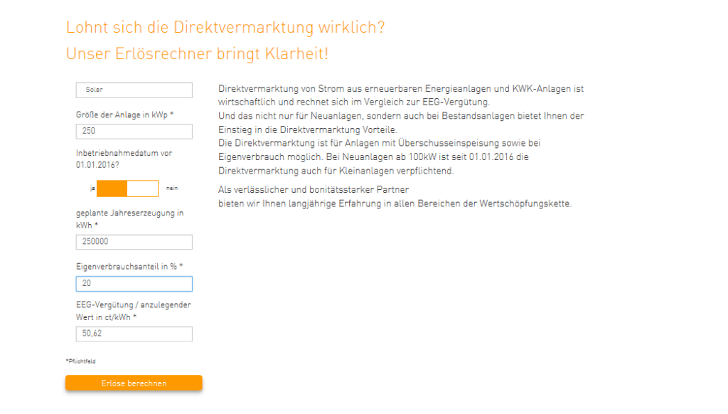 EEG Direktvermarktung Erlösrechner Screenshot