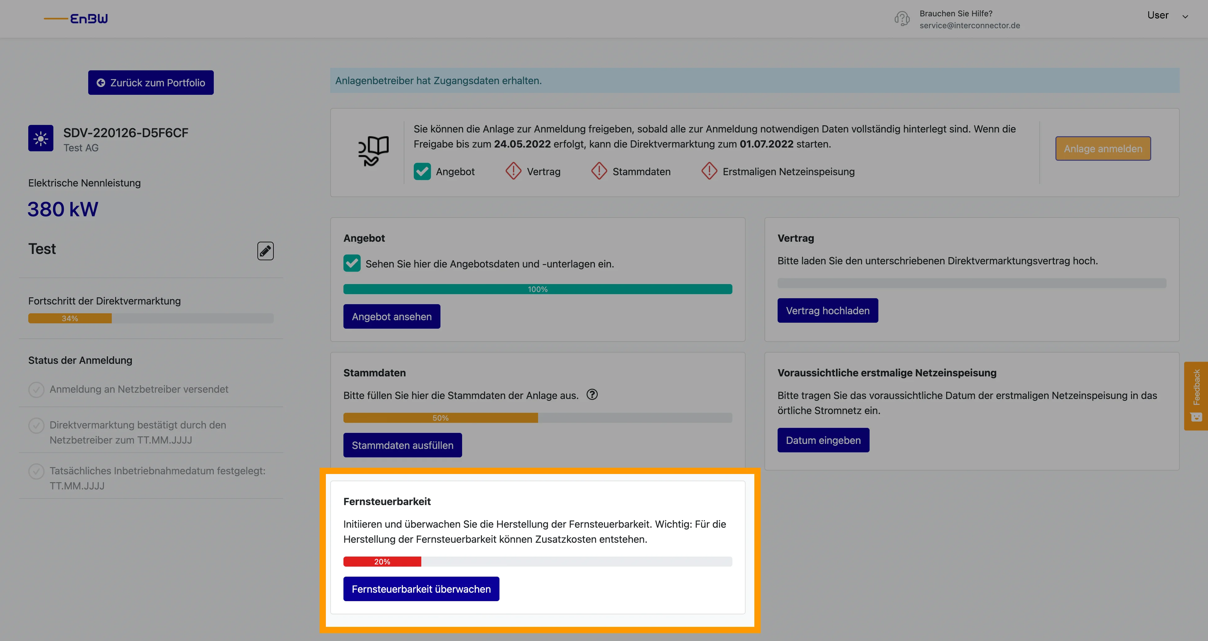 Schritt 1: Fernsteuerbarkeit Direktvermarktung im Portal abschließen